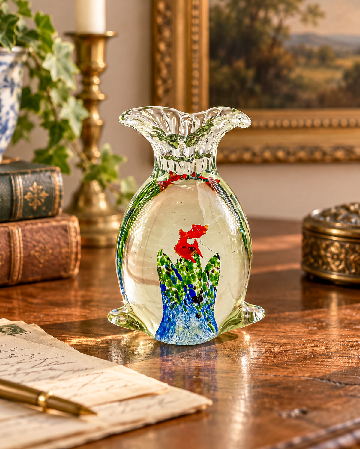 Murano-Style Art Glass Aquarium Paperweight with Red Fish, Blue and Green Seaweed, and Ruffled Top