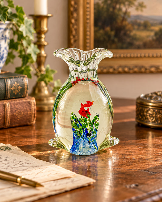 Murano-Style Art Glass Aquarium Paperweight with Red Fish, Blue and Green Seaweed, and Ruffled Top