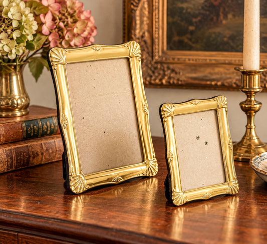 Vintage Brass Picture Frames with Shell Corners and Black Backs, Two Sizes Sold as a Pair
