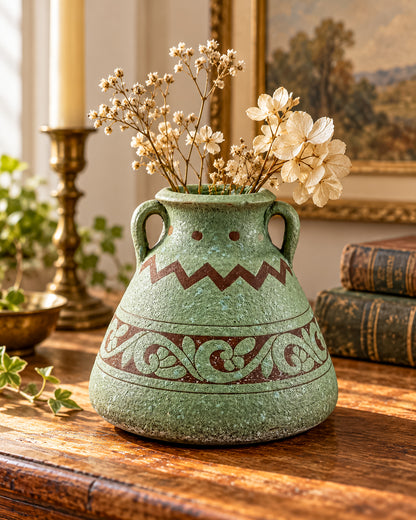 Sage Green Two-Handled Decorative Vase with Brown Scrollwork and Zigzag Detail, Rustic Mediterranean Decor