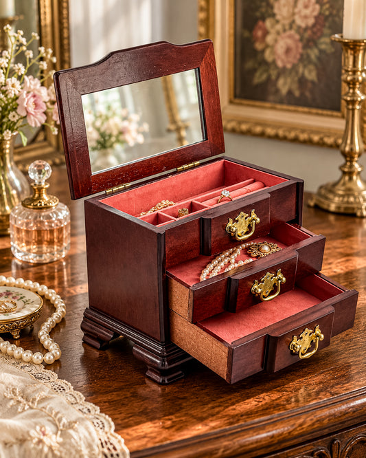 Vintage Dark Wood Jewelry Chest with Mirror, Two Drawers, Salmon Pink Lining and Ornate Gold-Tone Pulls