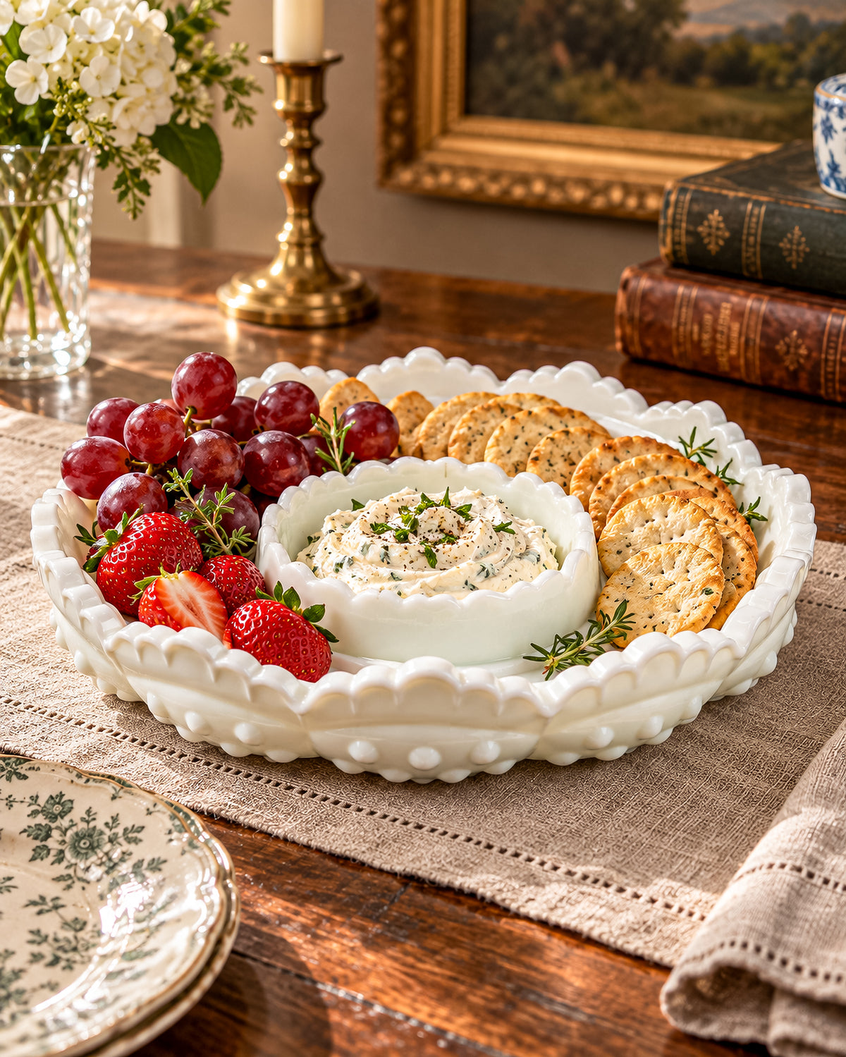 Vintage Fenton Hobnail Milk Glass Ashtray, Chip and Dip Dish or Catchall with Scalloped Rim