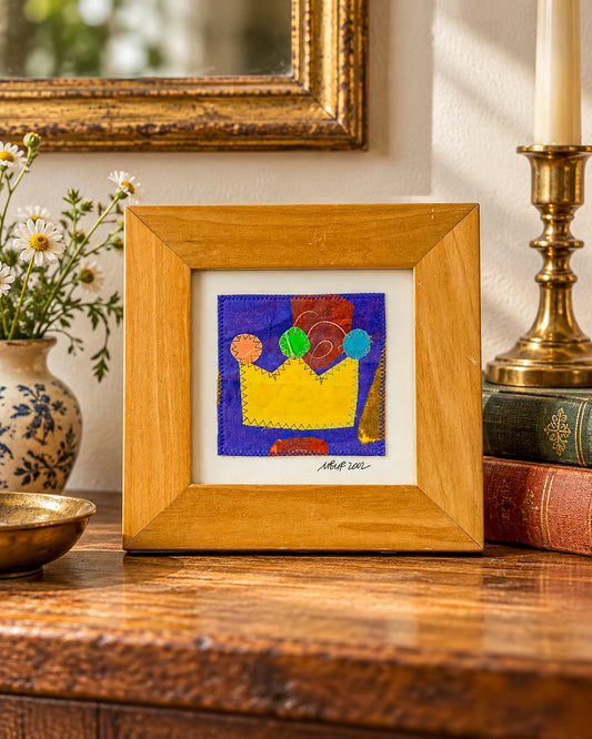 Signed Framed Textile Art with Colorful Fabric Appliqué, Folk Art Quilt Square in a Wood Frame