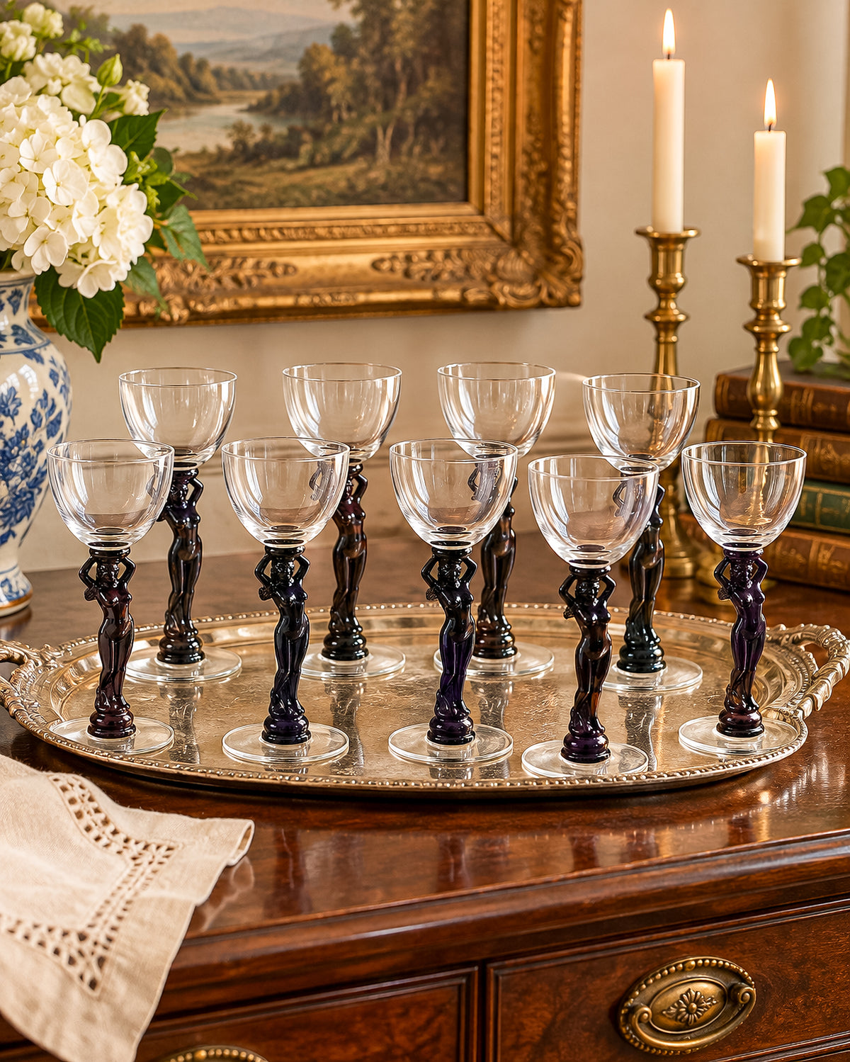 Vintage Cambridge Nude Stem Cocktail Glass with Ebony Black Figural Lady, Art Deco Goblet, Sold Individually