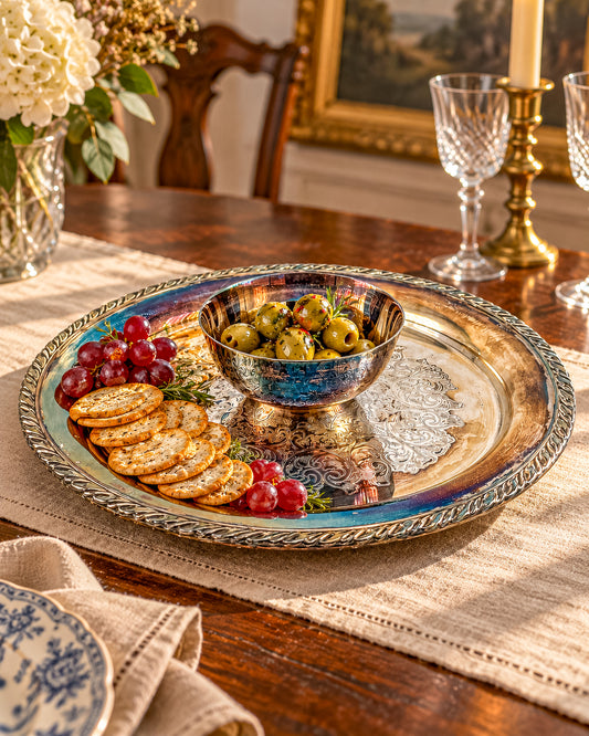 Vintage Silverplate Round Serving Tray with Attached Bowl, Ornate Scrollwork and Multicolored Patina