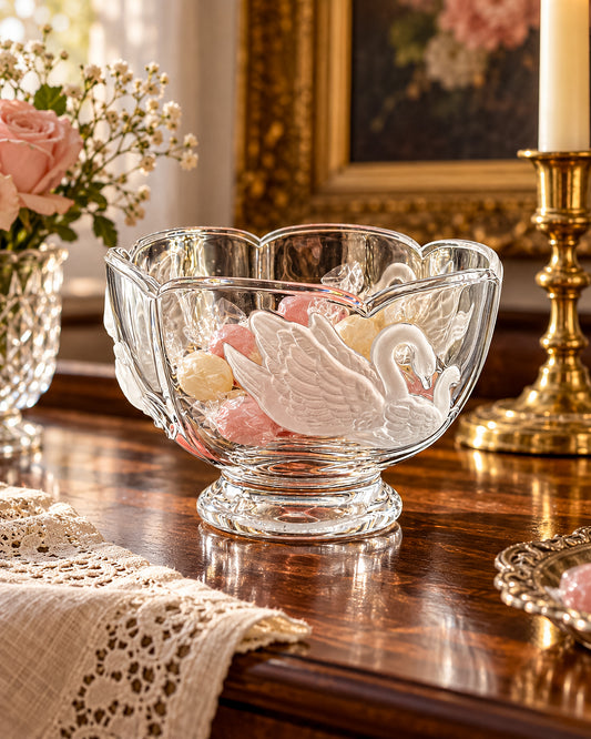 Clear Glass Footed Bowl with Frosted Swan Motifs and Scalloped Rim, Romantic Decorative Candy Dish
