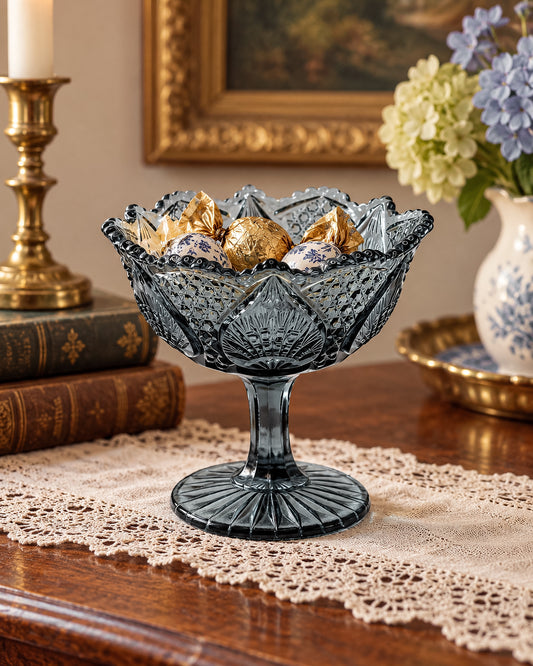 Vintage Fenton Regency Federal Blue Glass Footed Compote with Floral Panels and Scalloped Rim