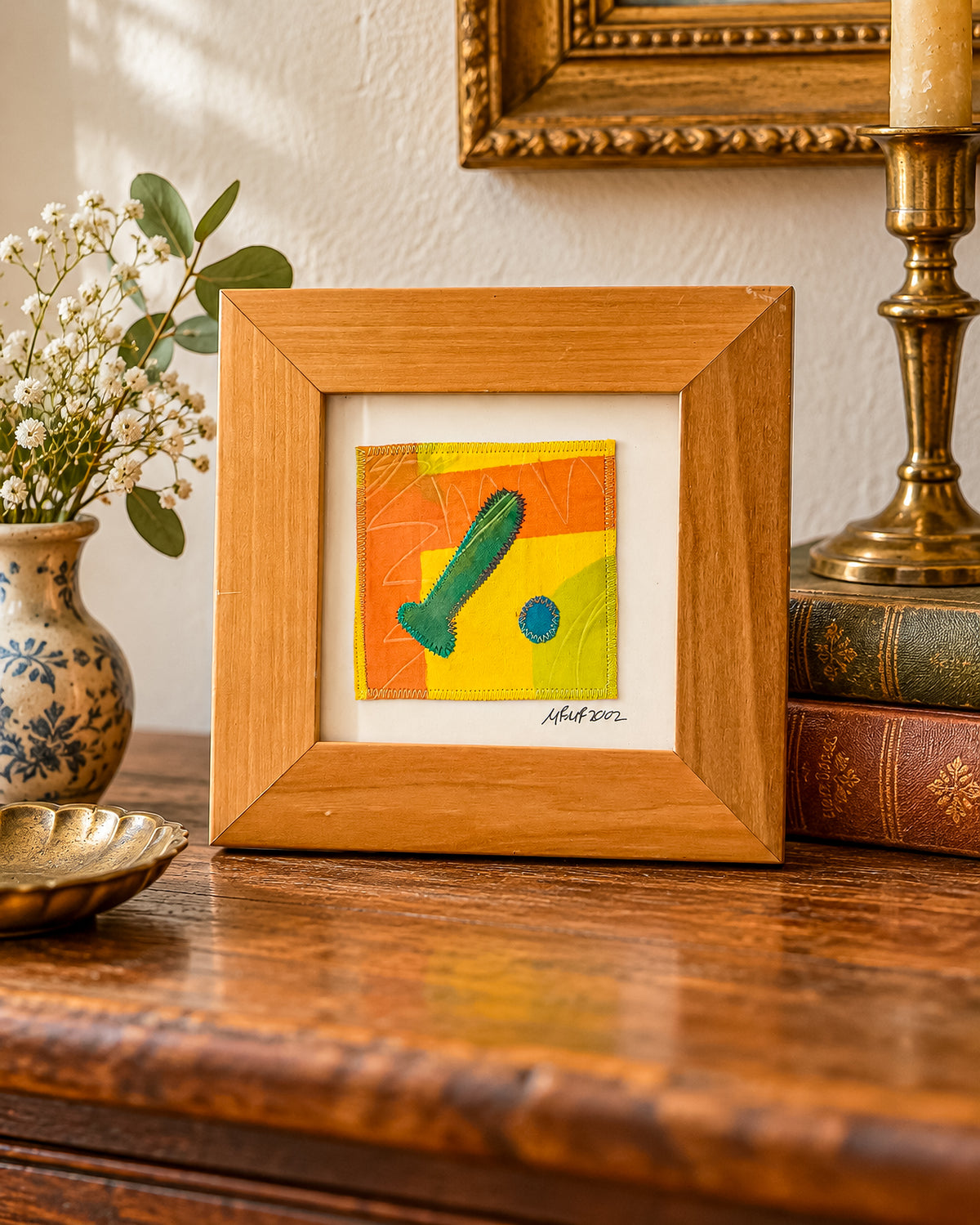 Signed Framed Textile Art with Yellow and Orange Fabric Appliqué, Abstract Folk Art Quilt Square