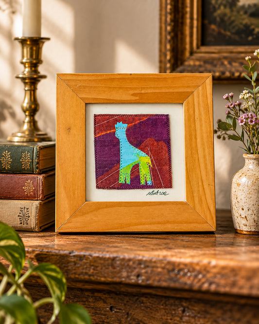 Signed Framed Animal Textile Art with Colorful Fabric Appliqué, Folk Art Quilt Square in a Wood Frame