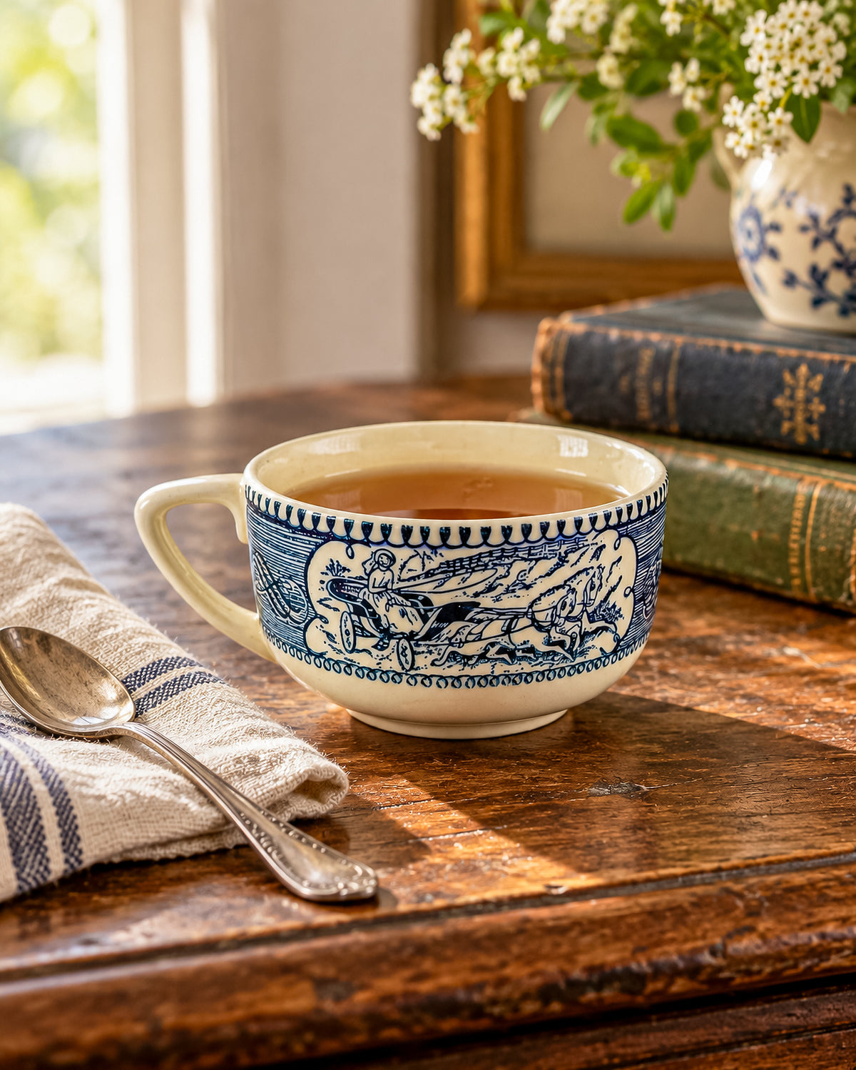 Currier and Ives Blue and Cream Ceramic Teacup or Coffee Cup with Horse-Drawn Carriage Scene, Sold Individually