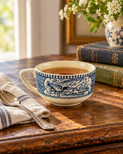 Currier and Ives Blue and Cream Ceramic Teacup or Coffee Cup with Horse-Drawn Carriage Scene, Sold Individually