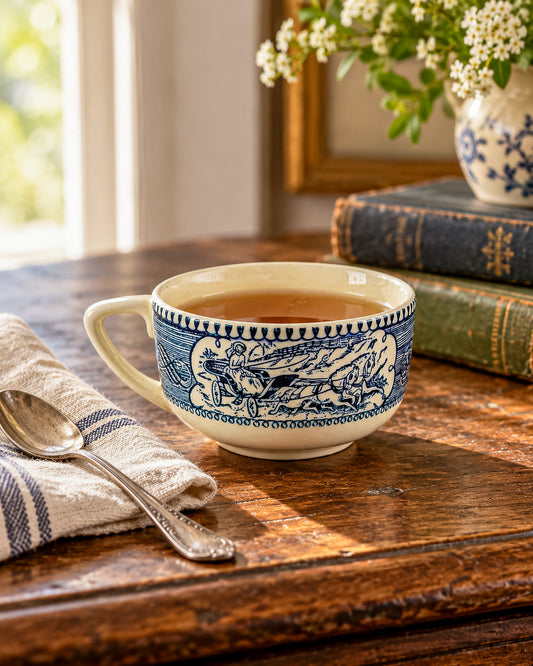 Currier and Ives Blue and Cream Ceramic Teacup or Coffee Cup with Horse-Drawn Carriage Scene, Sold Individually