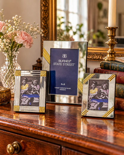 Silver-Tone and Gold-Tone Metal Picture Frames with Geometric Accents, Set of Three in Two Sizes