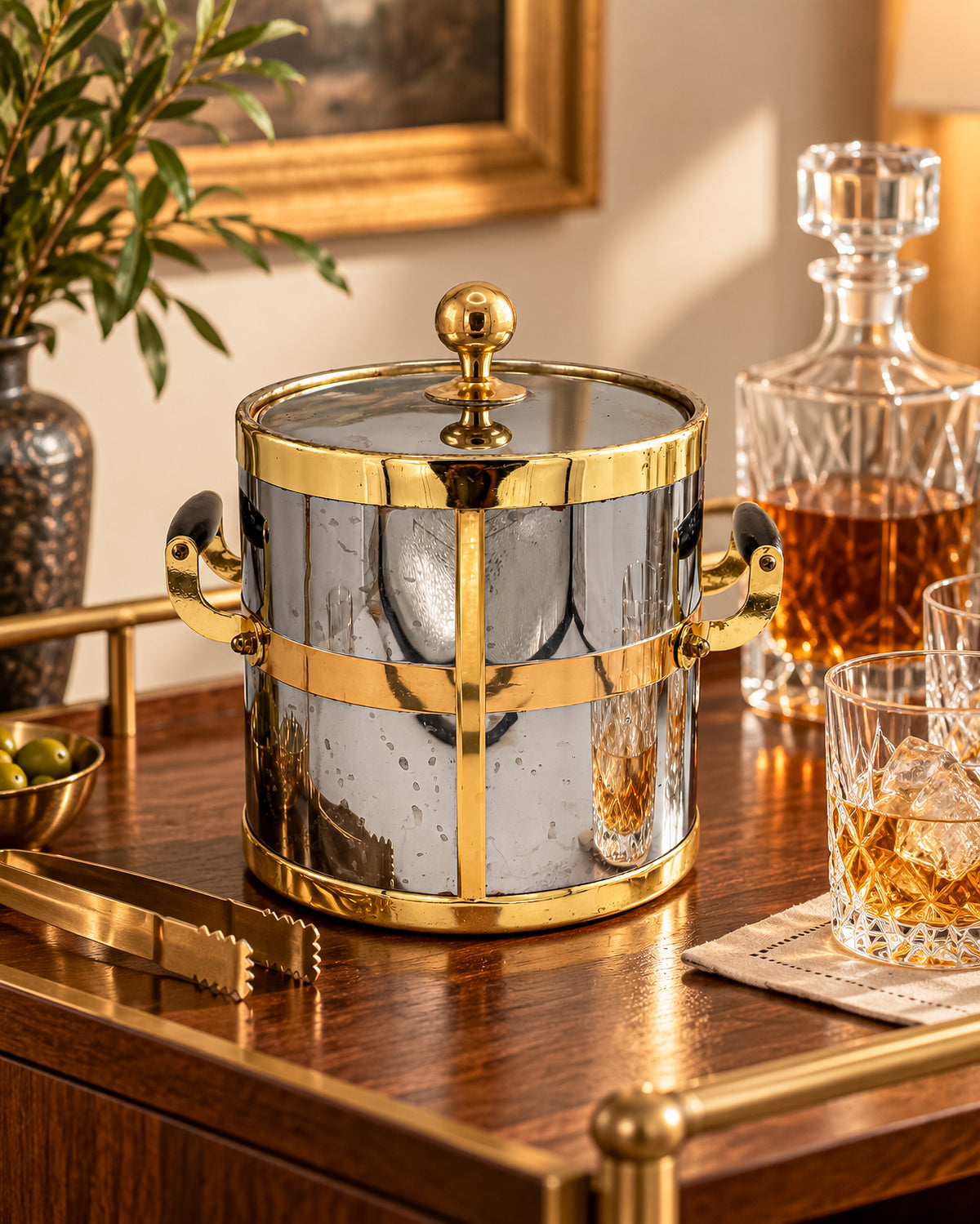 Silver-Tone and Gold-Tone Ice Bucket with Lid and Black Side Handles, Hollywood Regency-Style Bar Cart Decor