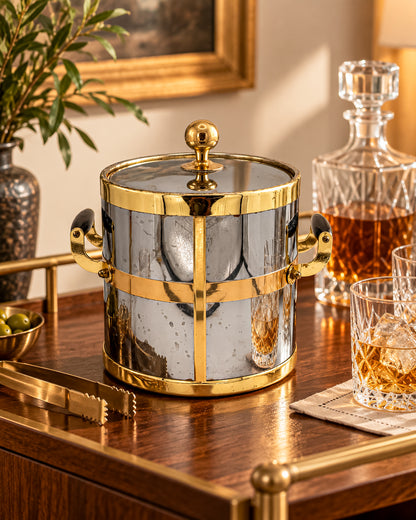 Silver-Tone and Gold-Tone Ice Bucket with Lid and Black Side Handles, Hollywood Regency-Style Bar Cart Decor