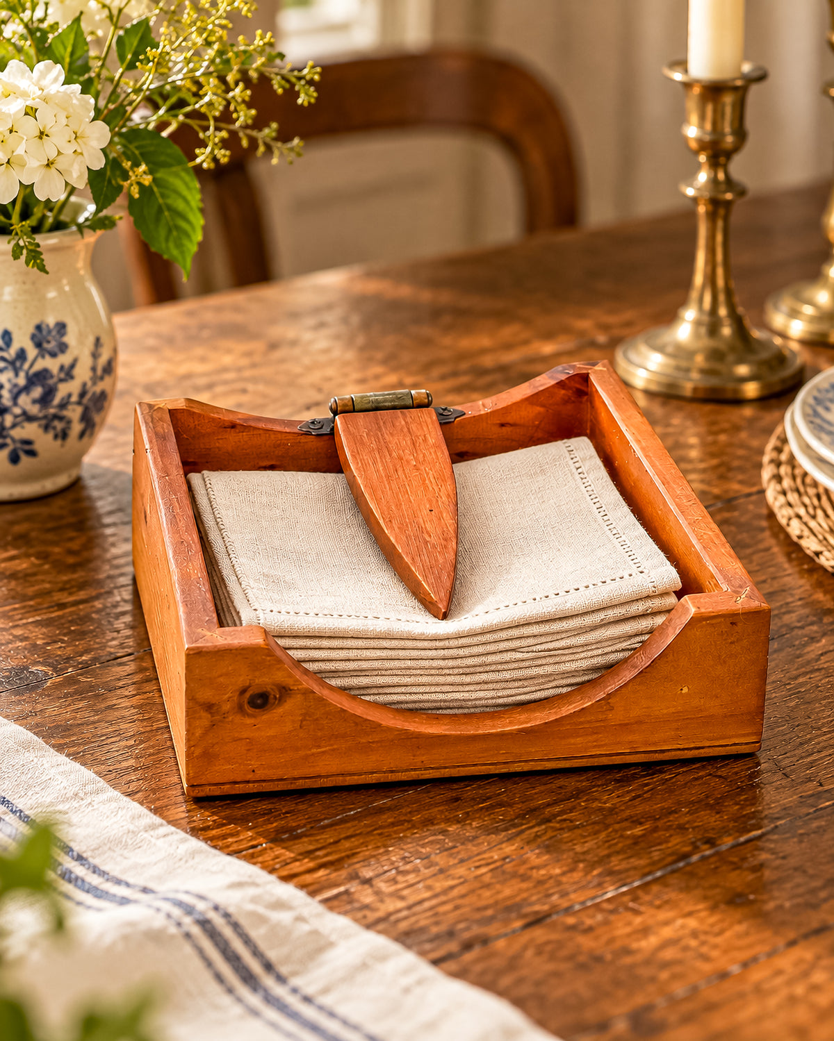 Australian-Made Wooden Napkin Holder with Hinged Hold-Down Arm, TLC Rustic Farmhouse Table Decor