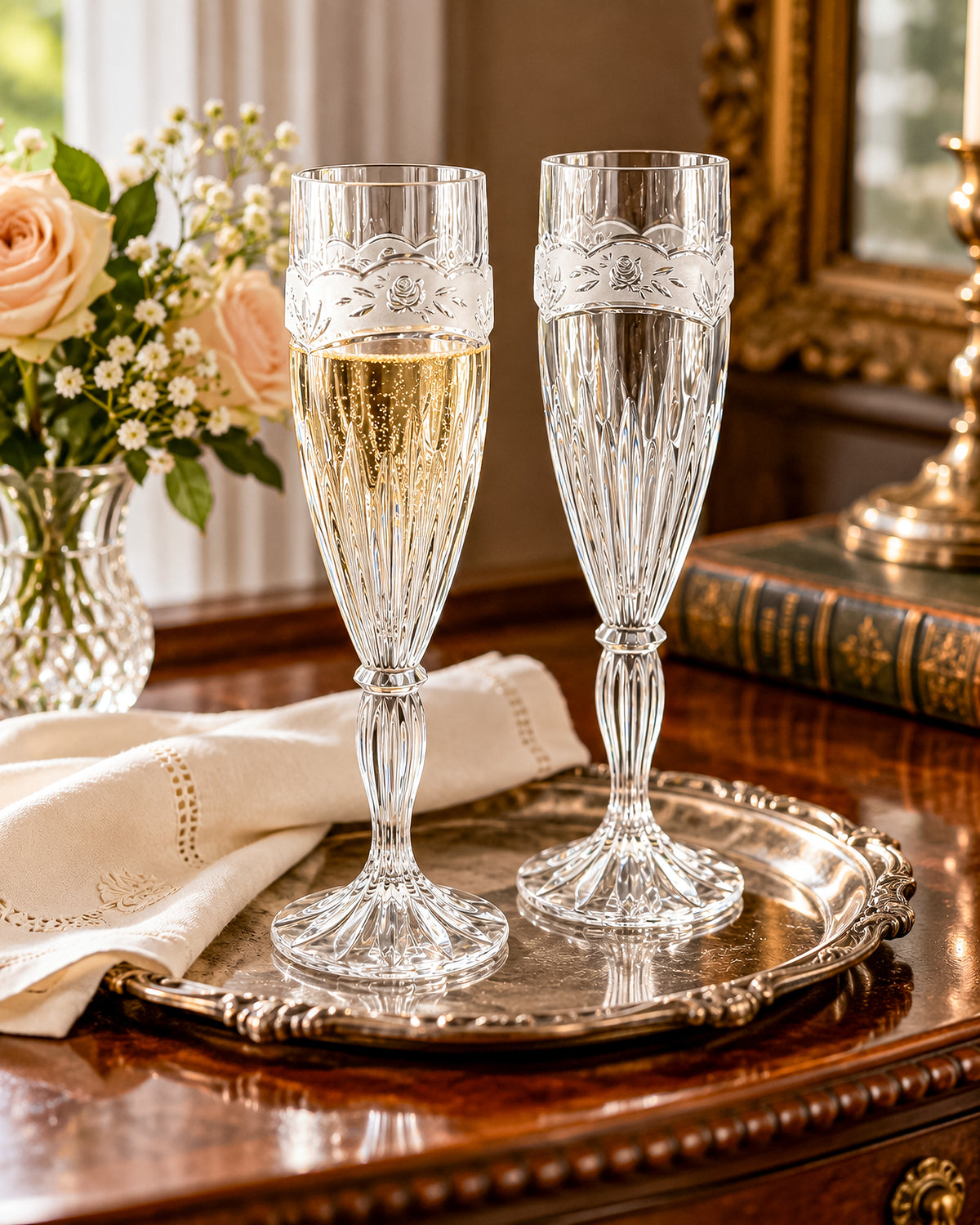 Vintage Oneida Southern Garden Crystal Champagne Flutes with Frosted Floral Bands, 8 Inches, Sold as a Pair
