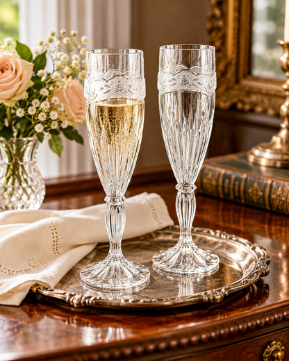 Vintage Oneida Southern Garden Crystal Champagne Flutes with Frosted Floral Bands, 8 Inches, Sold as a Pair