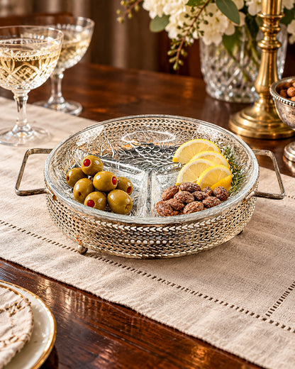 Three-Compartment Glass Relish Dish with Removable Insert and Possibly Silver-Plated Footed Holder with Handles
