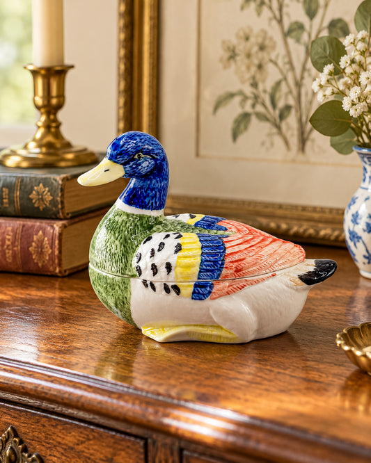 Colorful Ceramic Duck Trinket Box with Removable Lid and Raised Feather Detail for Cottagecore Decor