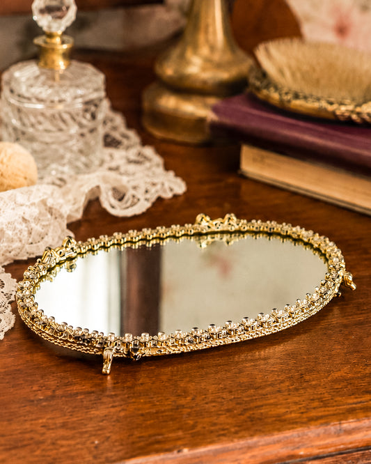 Vintage Sam Fink Gold Tone Oval Mirrored Vanity Tray with Ornate Floral Frame