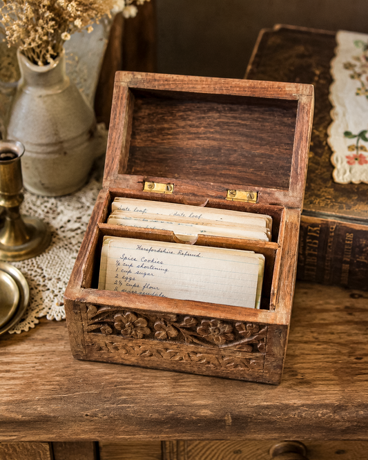 Vintage Engraved Wooden Recipe Card Box | Carved Floral Card Holder | Boho Kitchen Desk Decor