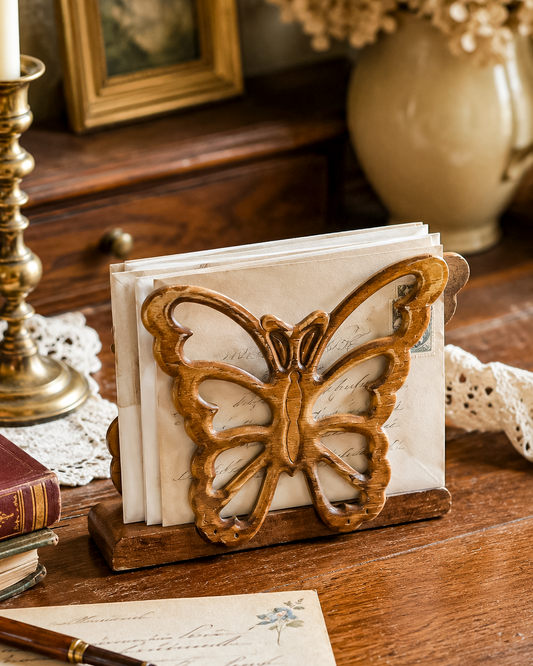 Vintage Wooden Butterfly Napkin Holder | Letter Holder | Carved Openwork Butterfly Desk Decor