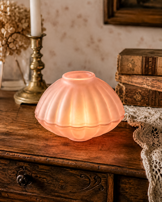 Vintage Pink Satin Glass Shell Fairy Lamp | Ribbed Clam Shell Votive | Art Deco Cottage Decor