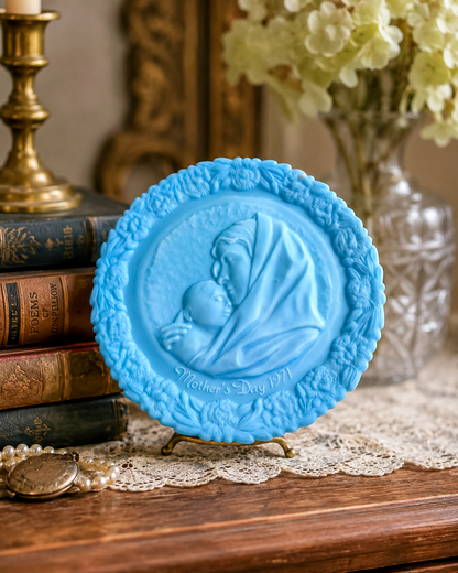 Fenton 1971 Mother's Day Blue Satin Milk Glass Plate | Madonna with the Sleeping Child | Collectible