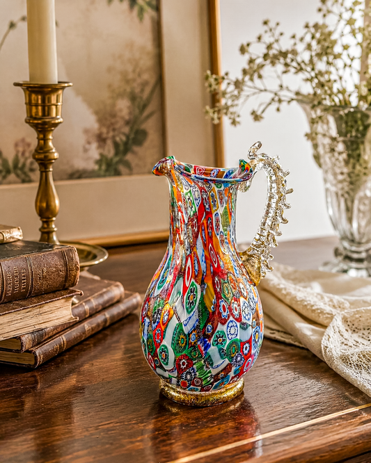 Vintage Murano-Style Millefiori Art Glass Petite Pitcher | Gold Aventurine & Multicolor Murrine | Unknown Maker
