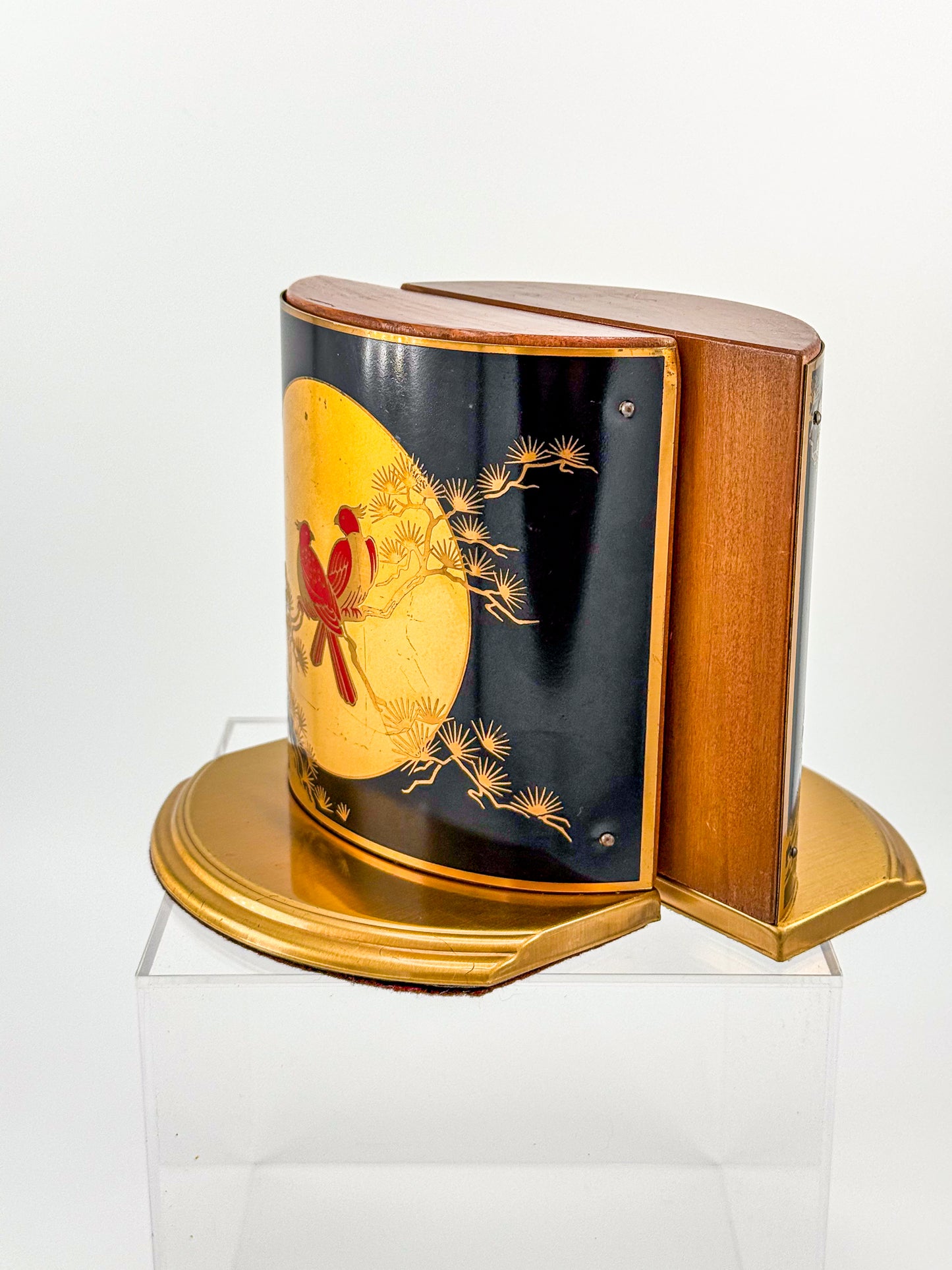 Vintage Grammes Oriental Enamel Bookends, Black Gold Celestial Moon Red Bird Scene, Brass & Wood Pair