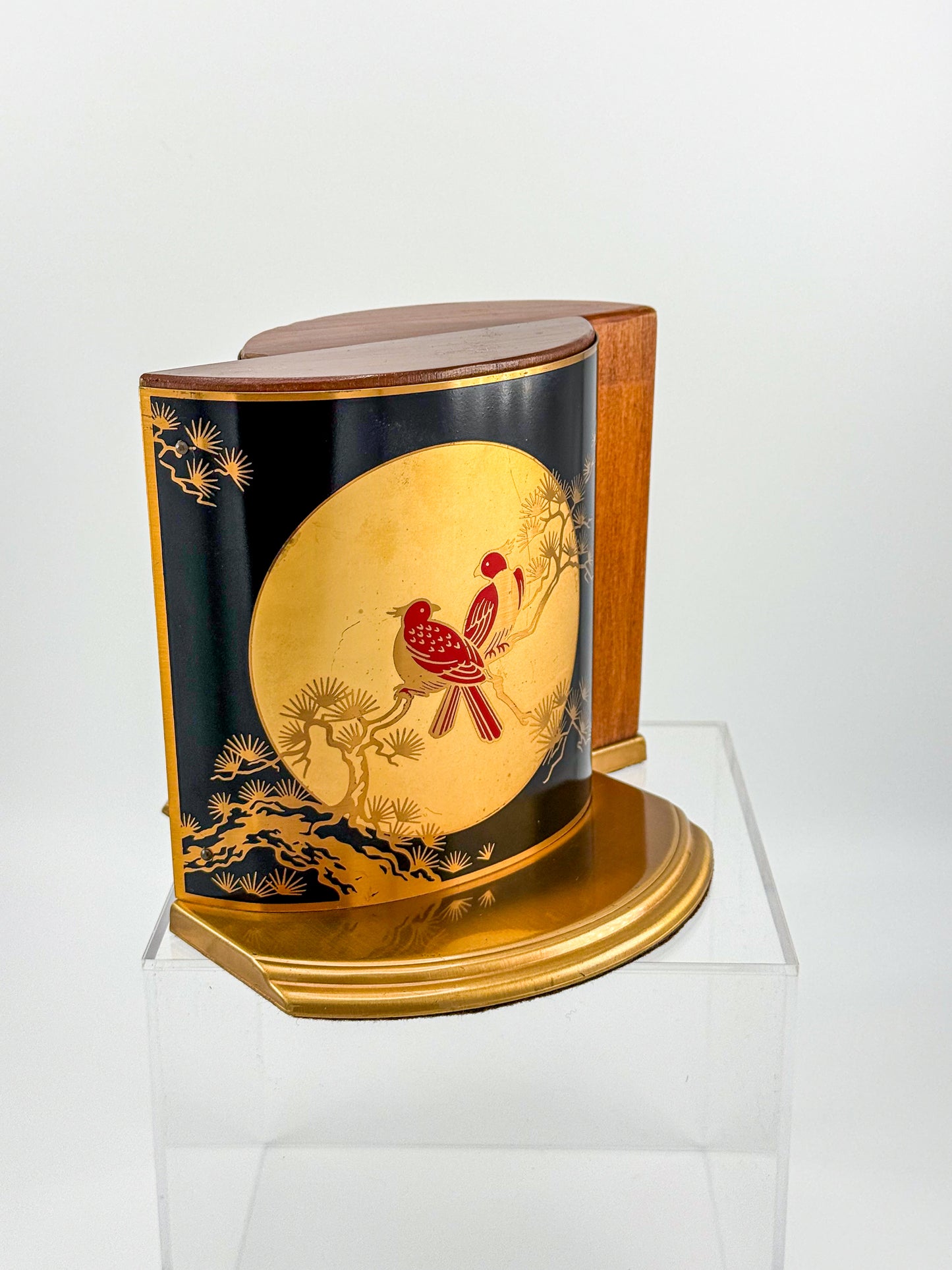 Vintage Grammes Oriental Enamel Bookends, Black Gold Celestial Moon Red Bird Scene, Brass & Wood Pair