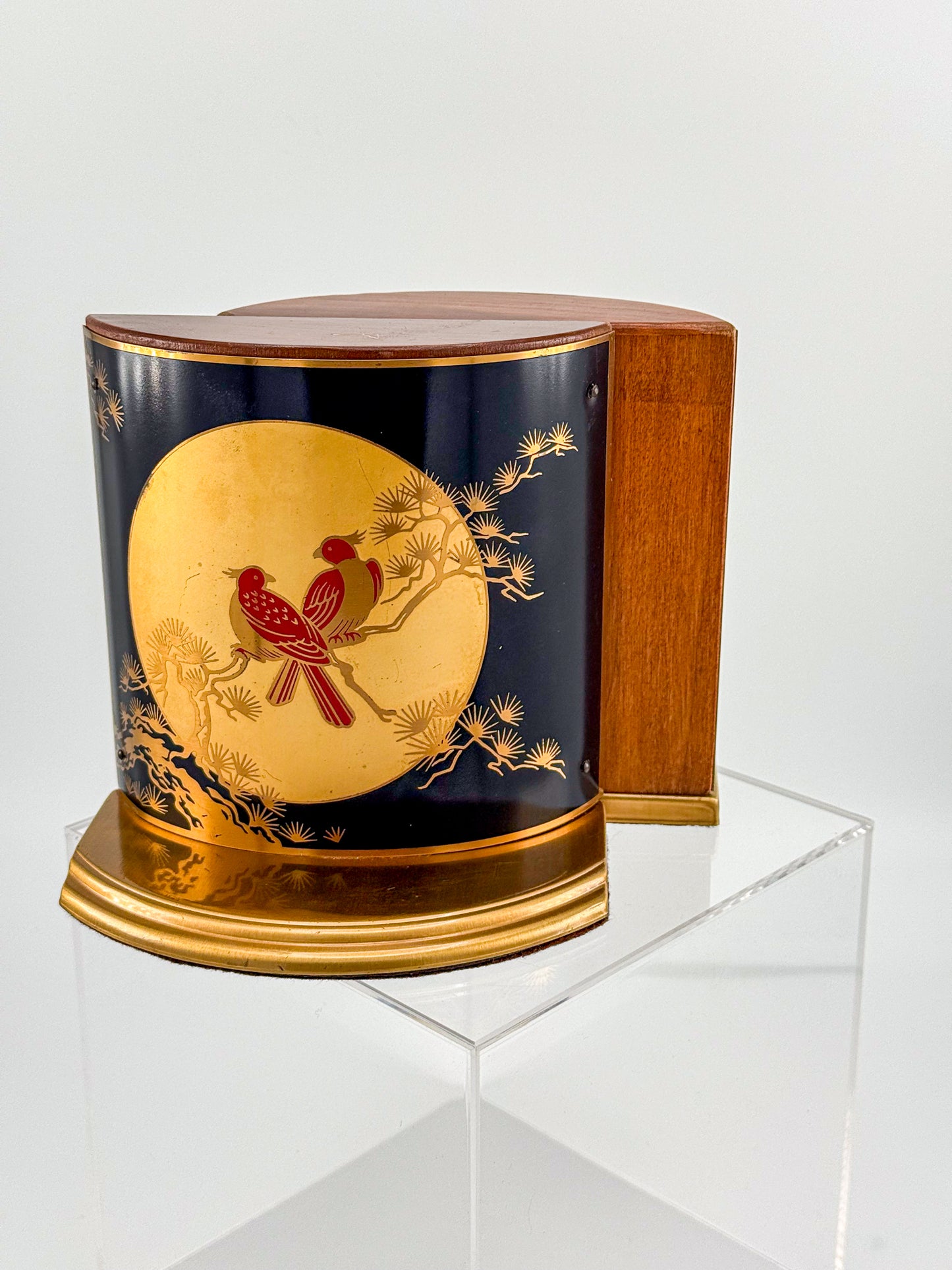 Vintage Grammes Oriental Enamel Bookends, Black Gold Celestial Moon Red Bird Scene, Brass & Wood Pair