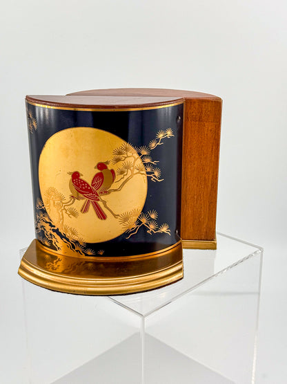 Vintage Grammes Oriental Enamel Bookends, Black Gold Celestial Moon Red Bird Scene, Brass & Wood Pair