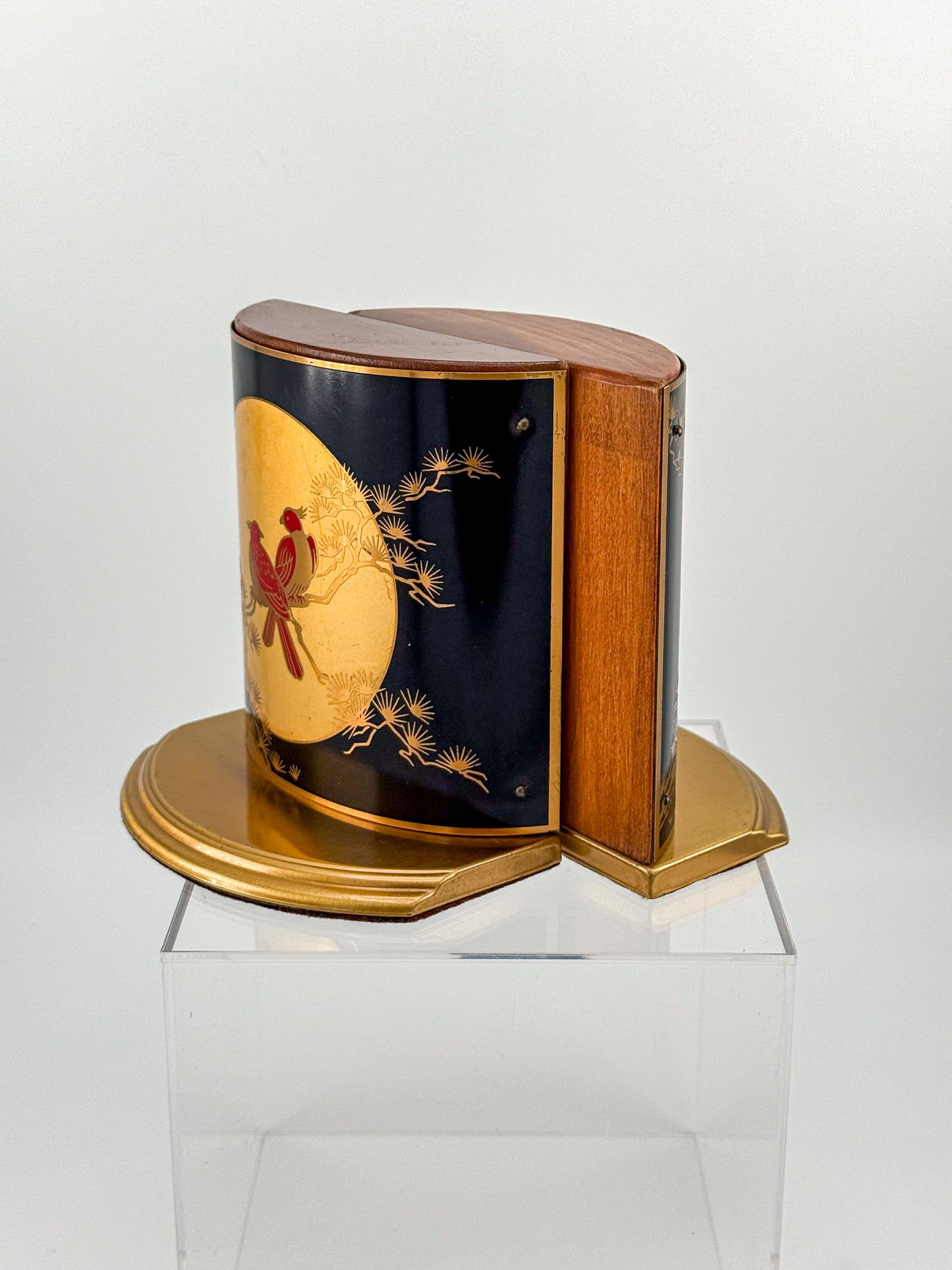 Vintage Grammes Oriental Enamel Bookends, Black Gold Celestial Moon Red Bird Scene, Brass & Wood Pair