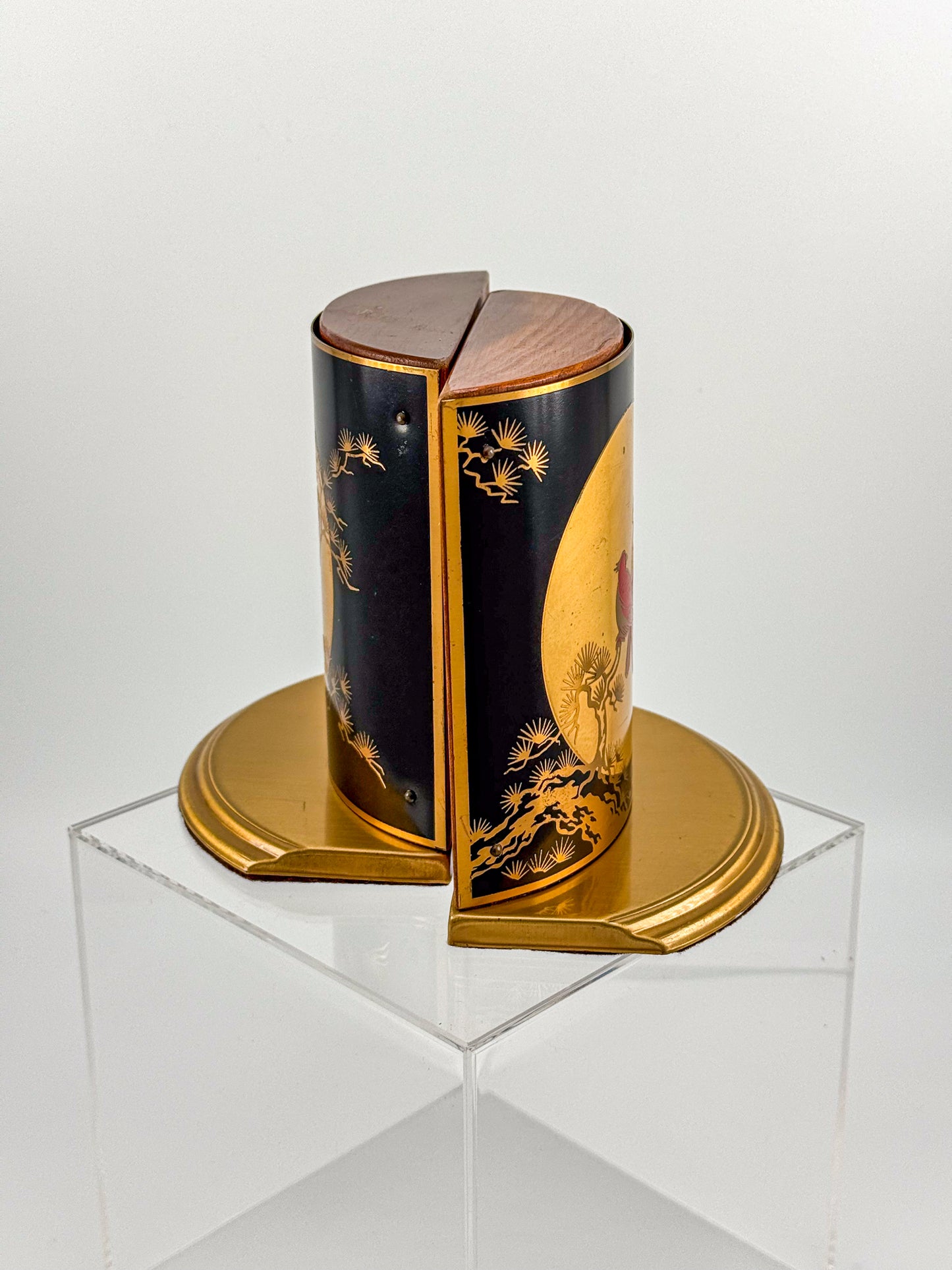 Vintage Grammes Oriental Enamel Bookends, Black Gold Celestial Moon Red Bird Scene, Brass & Wood Pair