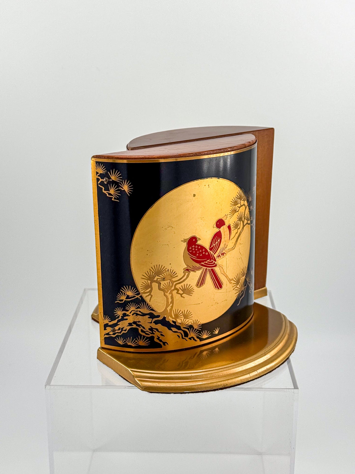 Vintage Grammes Oriental Enamel Bookends, Black Gold Celestial Moon Red Bird Scene, Brass & Wood Pair