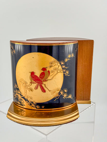 Vintage Grammes Oriental Enamel Bookends, Black Gold Celestial Moon Red Bird Scene, Brass & Wood Pair