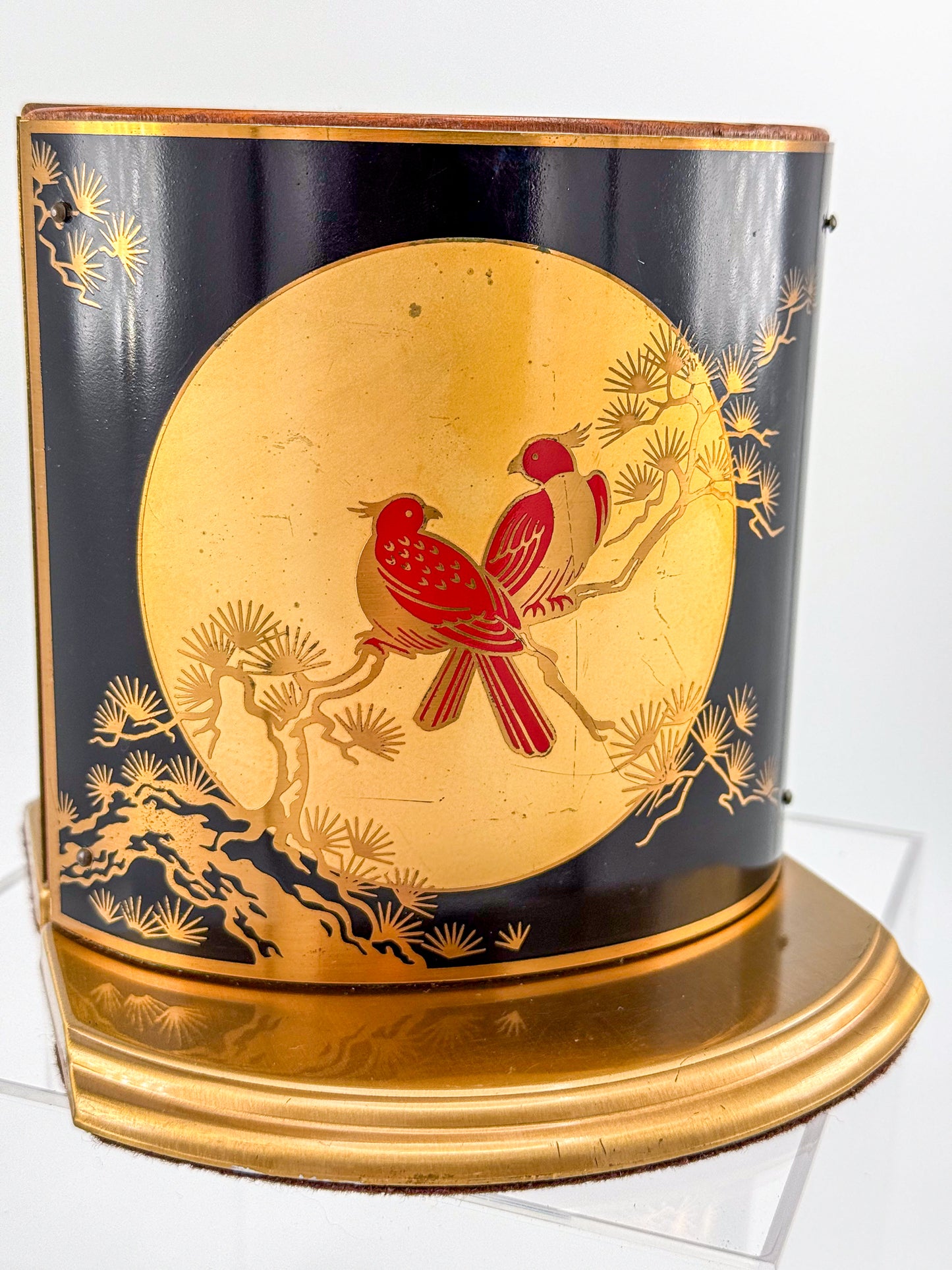 Vintage Grammes Oriental Enamel Bookends, Black Gold Celestial Moon Red Bird Scene, Brass & Wood Pair