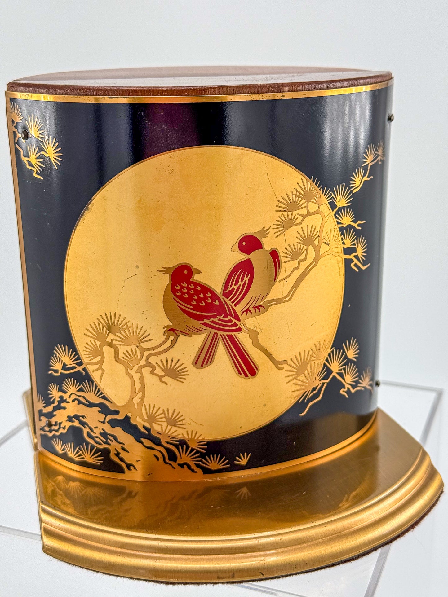 Vintage Grammes Oriental Enamel Bookends, Black Gold Celestial Moon Red Bird Scene, Brass & Wood Pair