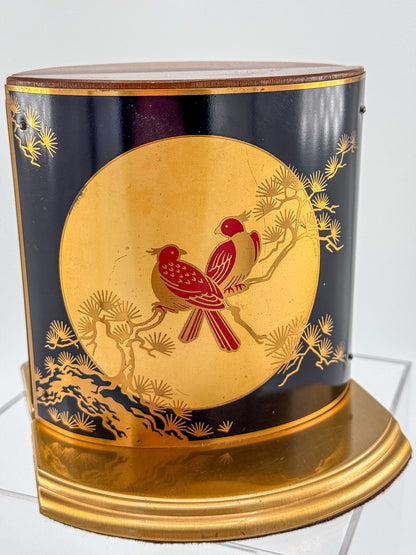 Vintage Grammes Oriental Enamel Bookends, Black Gold Celestial Moon Red Bird Scene, Brass & Wood Pair