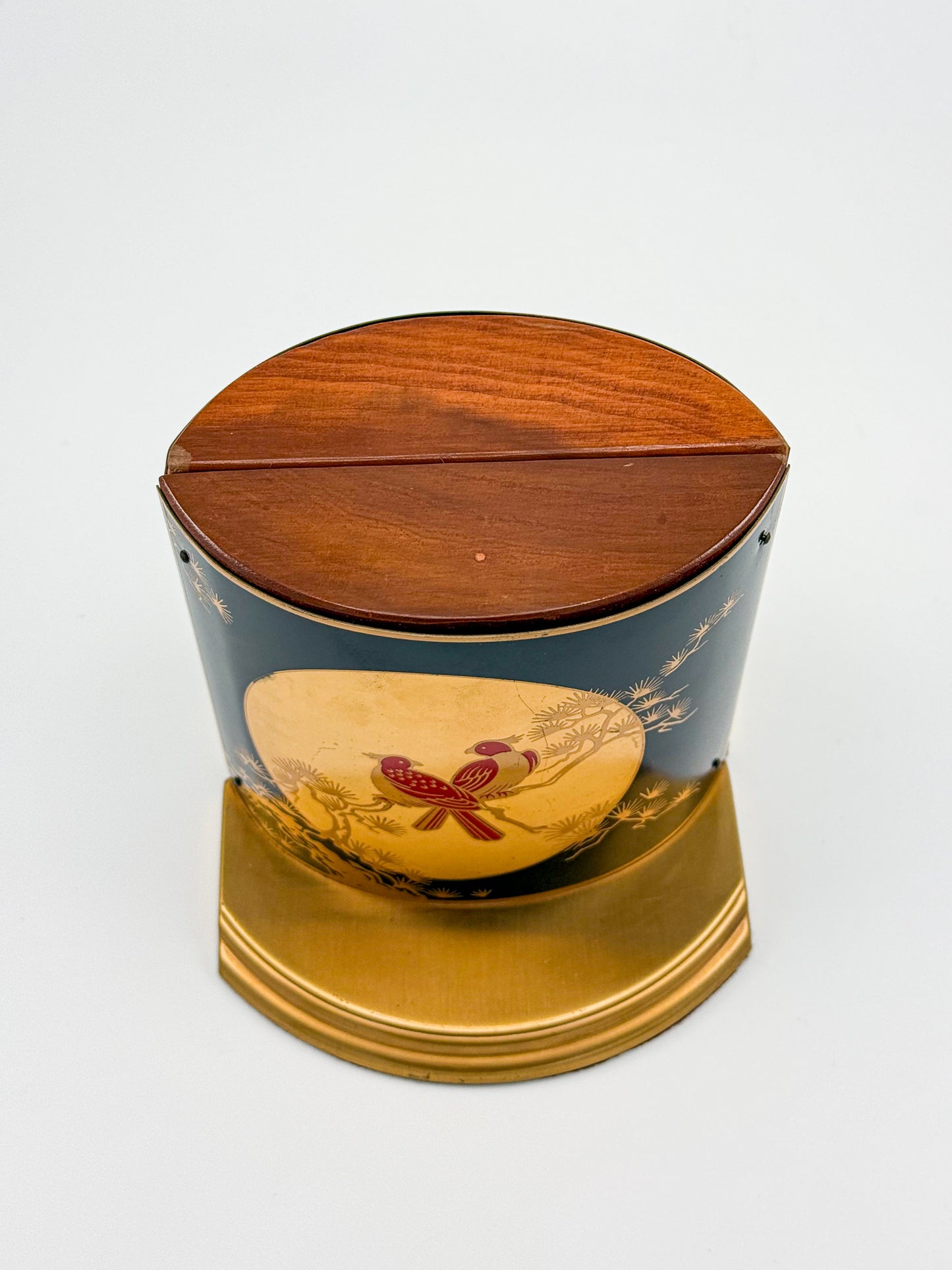 Vintage Grammes Oriental Enamel Bookends, Black Gold Celestial Moon Red Bird Scene, Brass & Wood Pair