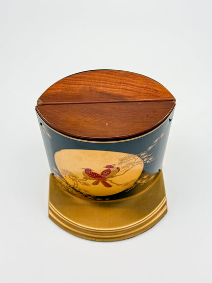 Vintage Grammes Oriental Enamel Bookends, Black Gold Celestial Moon Red Bird Scene, Brass & Wood Pair