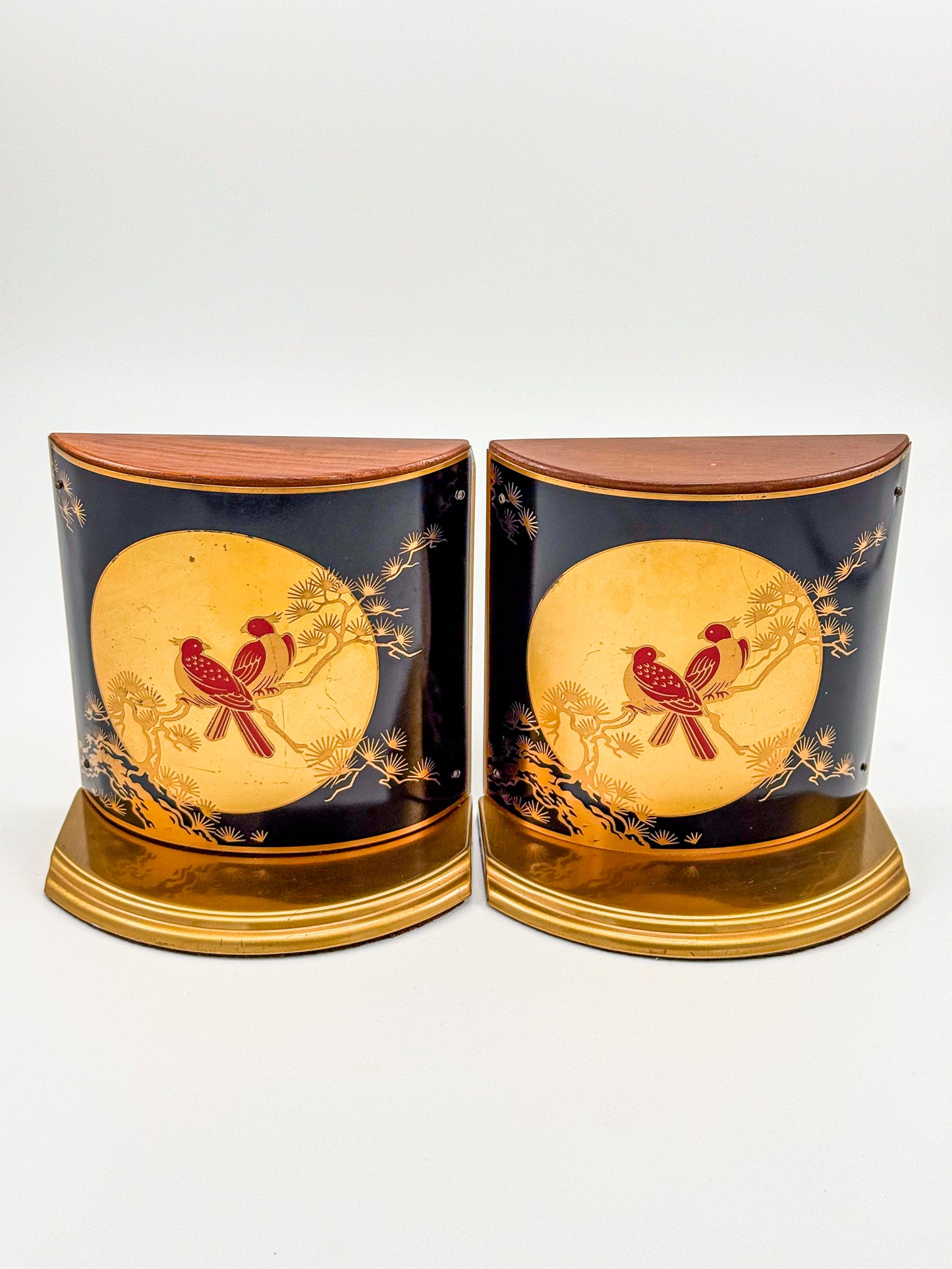 Vintage Grammes Oriental Enamel Bookends, Black Gold Celestial Moon Red Bird Scene, Brass & Wood Pair