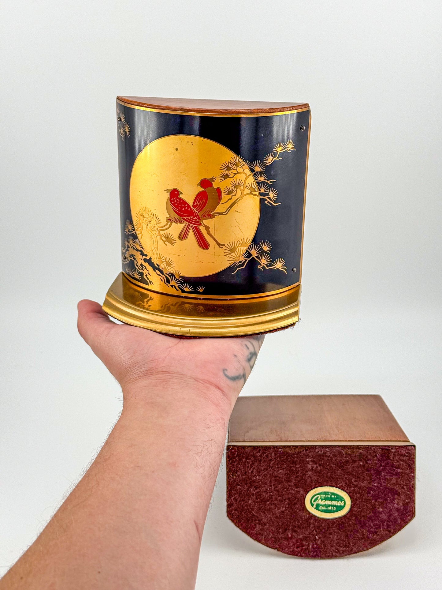 Vintage Grammes Oriental Enamel Bookends, Black Gold Celestial Moon Red Bird Scene, Brass & Wood Pair