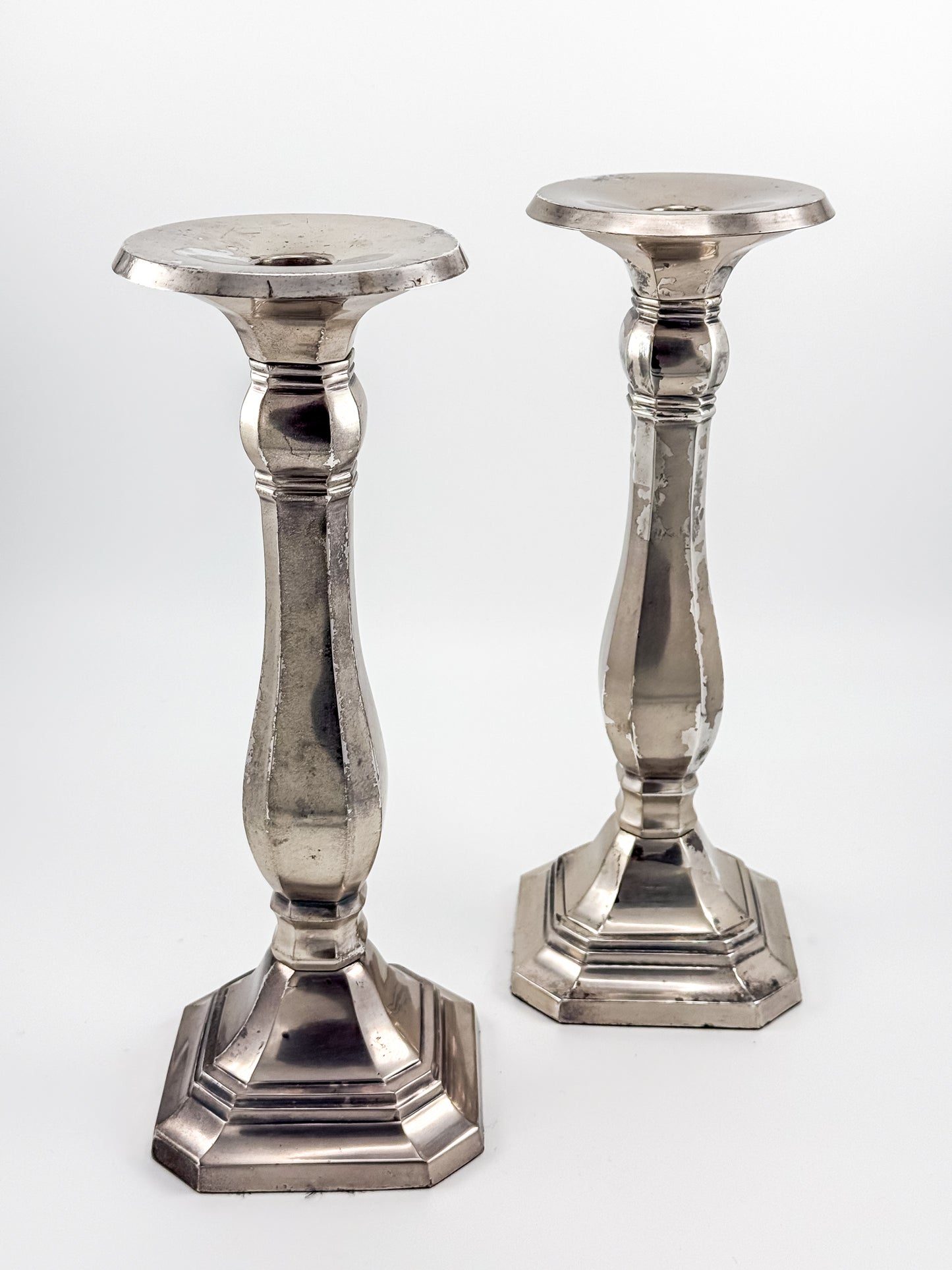 Pottery Barn Discontinued Large Silverplate Candlestick Holders, Octagonal Baluster Taper Candle Holders, Pair