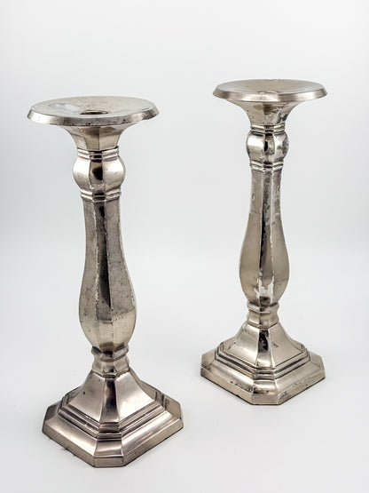 Pottery Barn Discontinued Large Silverplate Candlestick Holders, Octagonal Baluster Taper Candle Holders, Pair