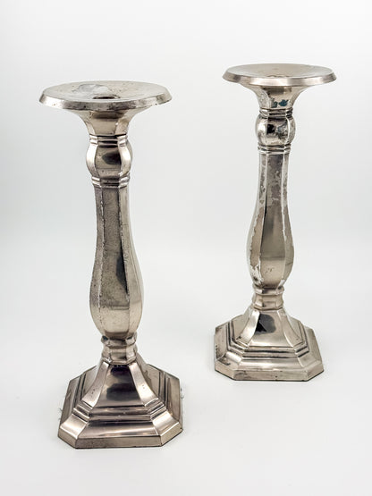 Pottery Barn Discontinued Large Silverplate Candlestick Holders, Octagonal Baluster Taper Candle Holders, Pair