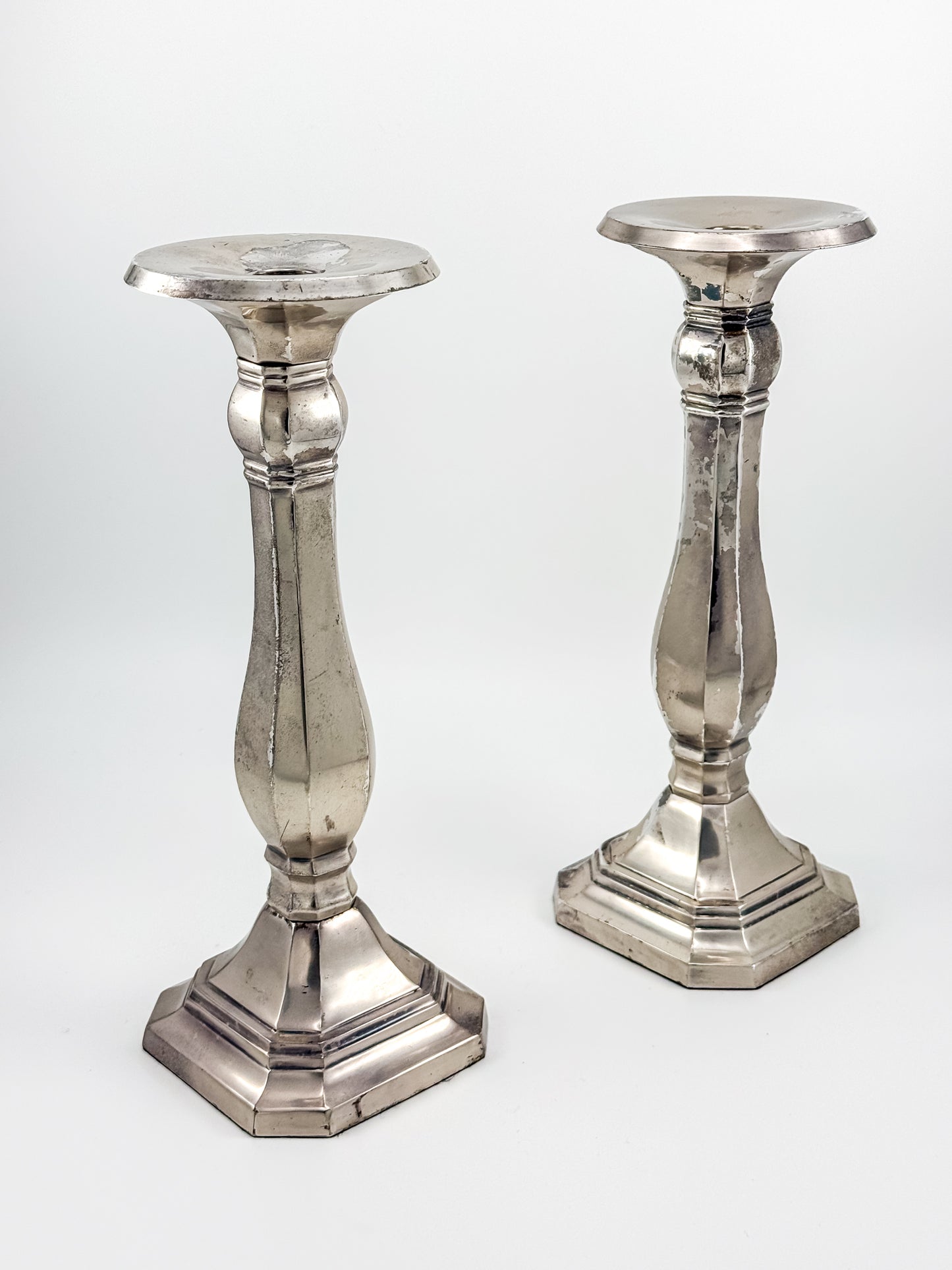 Pottery Barn Discontinued Large Silverplate Candlestick Holders, Octagonal Baluster Taper Candle Holders, Pair