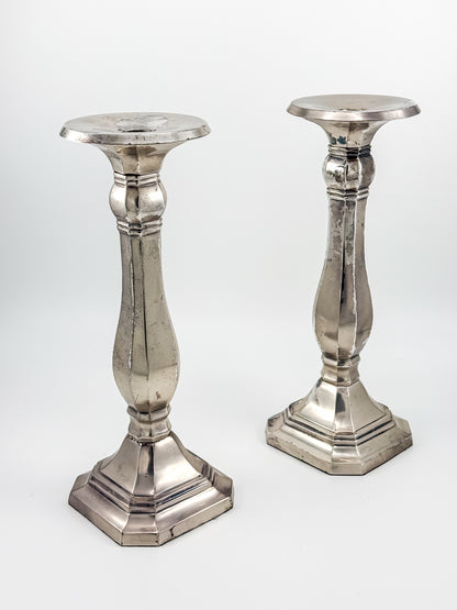 Pottery Barn Discontinued Large Silverplate Candlestick Holders, Octagonal Baluster Taper Candle Holders, Pair